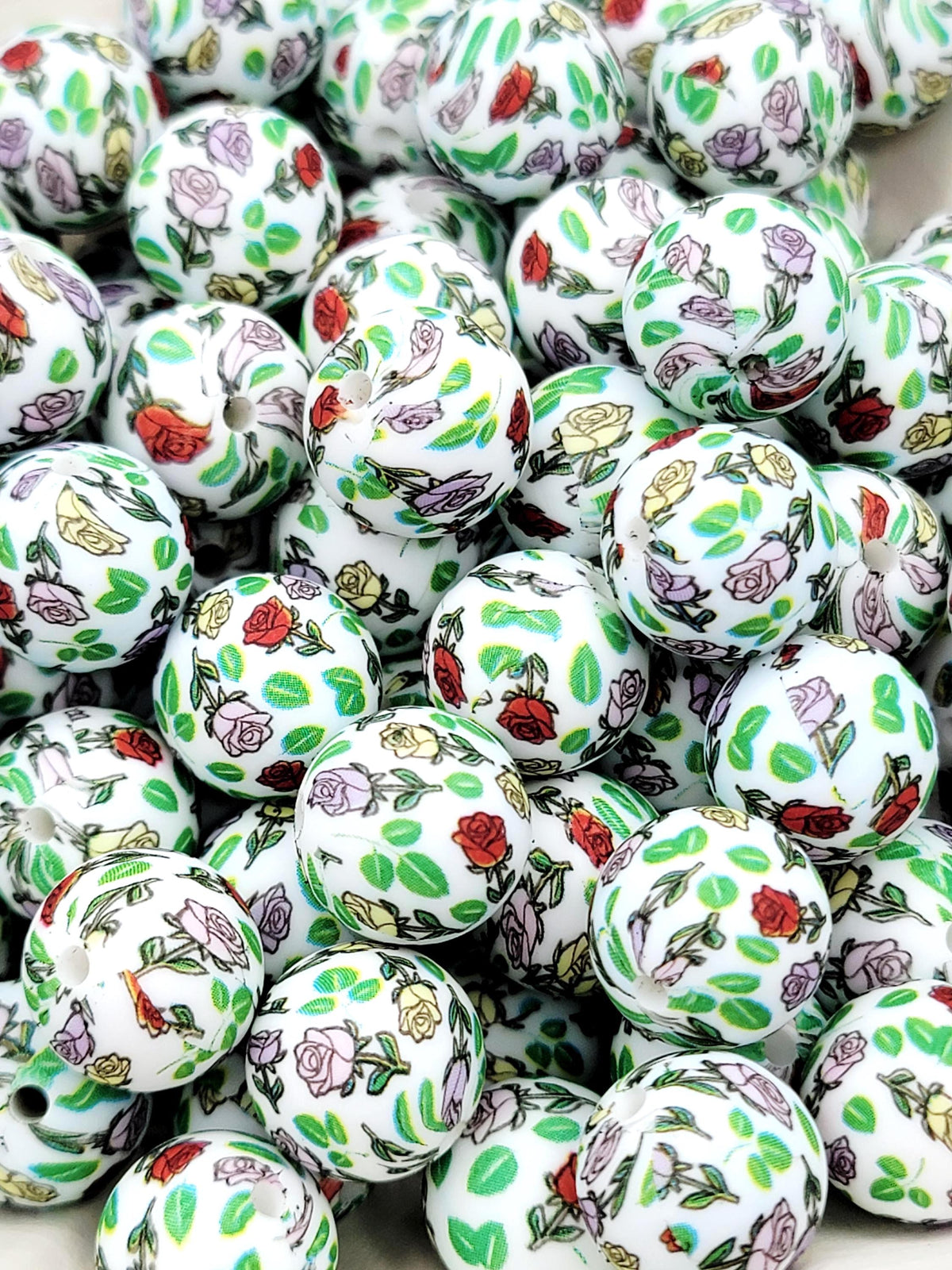 15mm Roses Flower Print Silicone Round Beads, 15mm Round Floral Beads for Pens, Wristlets, Keychains, Jewelry and Crafts