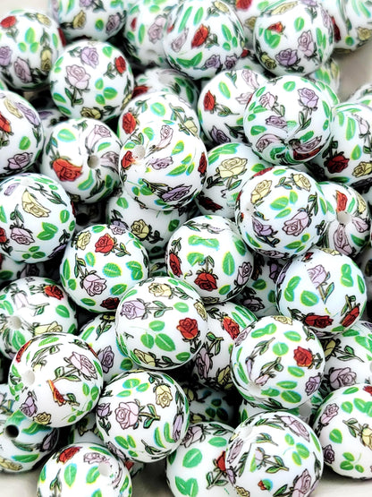 15mm Roses Flower Print Silicone Round Beads, 15mm Round Floral Beads for Pens, Wristlets, Keychains, Jewelry and Crafts
