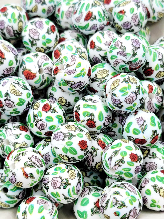 15mm Roses Flower Print Silicone Round Beads, 15mm Round Floral Beads for Pens, Wristlets, Keychains, Jewelry and Crafts