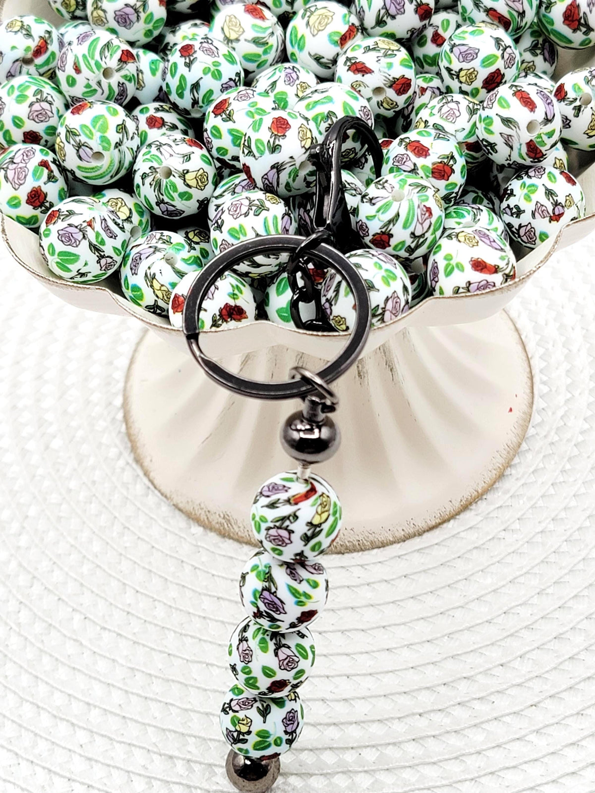 15mm Roses Flower Print Silicone Round Beads, 15mm Round Floral Beads for Pens, Wristlets, Keychains, Jewelry and Crafts