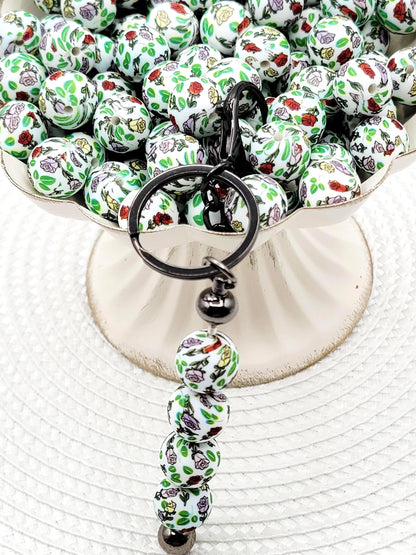 15mm Roses Flower Print Silicone Round Beads, 15mm Round Floral Beads for Pens, Wristlets, Keychains, Jewelry and Crafts