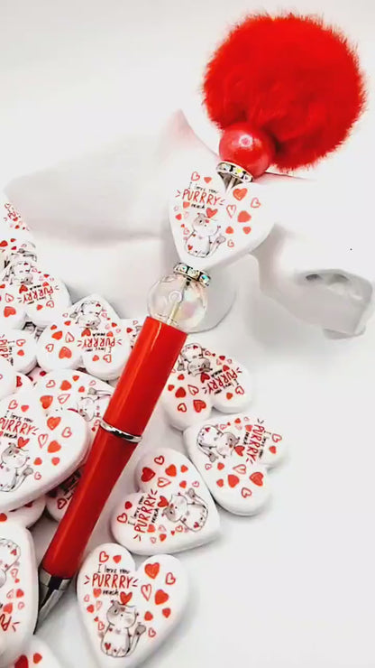 I Love You Purrry Much Cat Valentine Heart Pen Bead – Funny Cat Silicone Focal Bead (Set of 2)