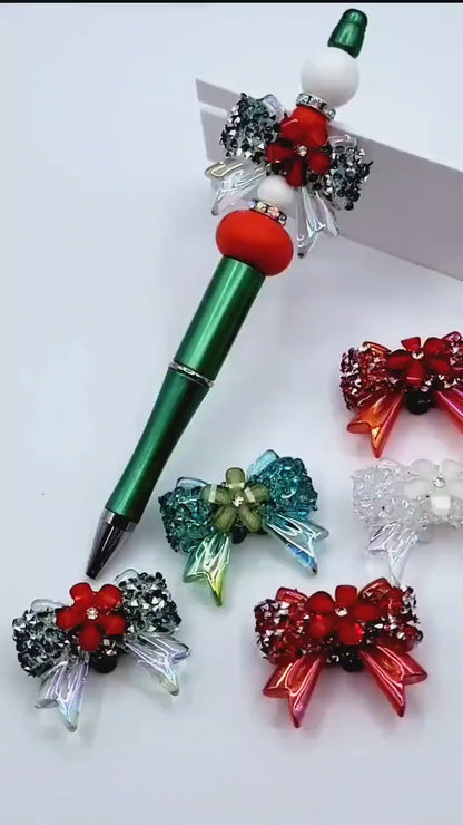 Christmas Crystal Sparkle Ribbon Bow Acrylic Bead , 3D Rhinestone & Flower Focal Bead, Red Green Crystal (Set of 2)