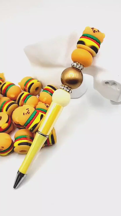 SET OF 2, Cute Hamburger Pen Topper, Hamburger Pencil Topper, PVC Focal Pen Topper, Beadable Pen  Character Topper, Beadable Pen Accessories